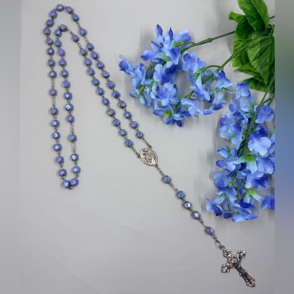 Gorgeous Blue Beaded Vintage Rosary Necklace